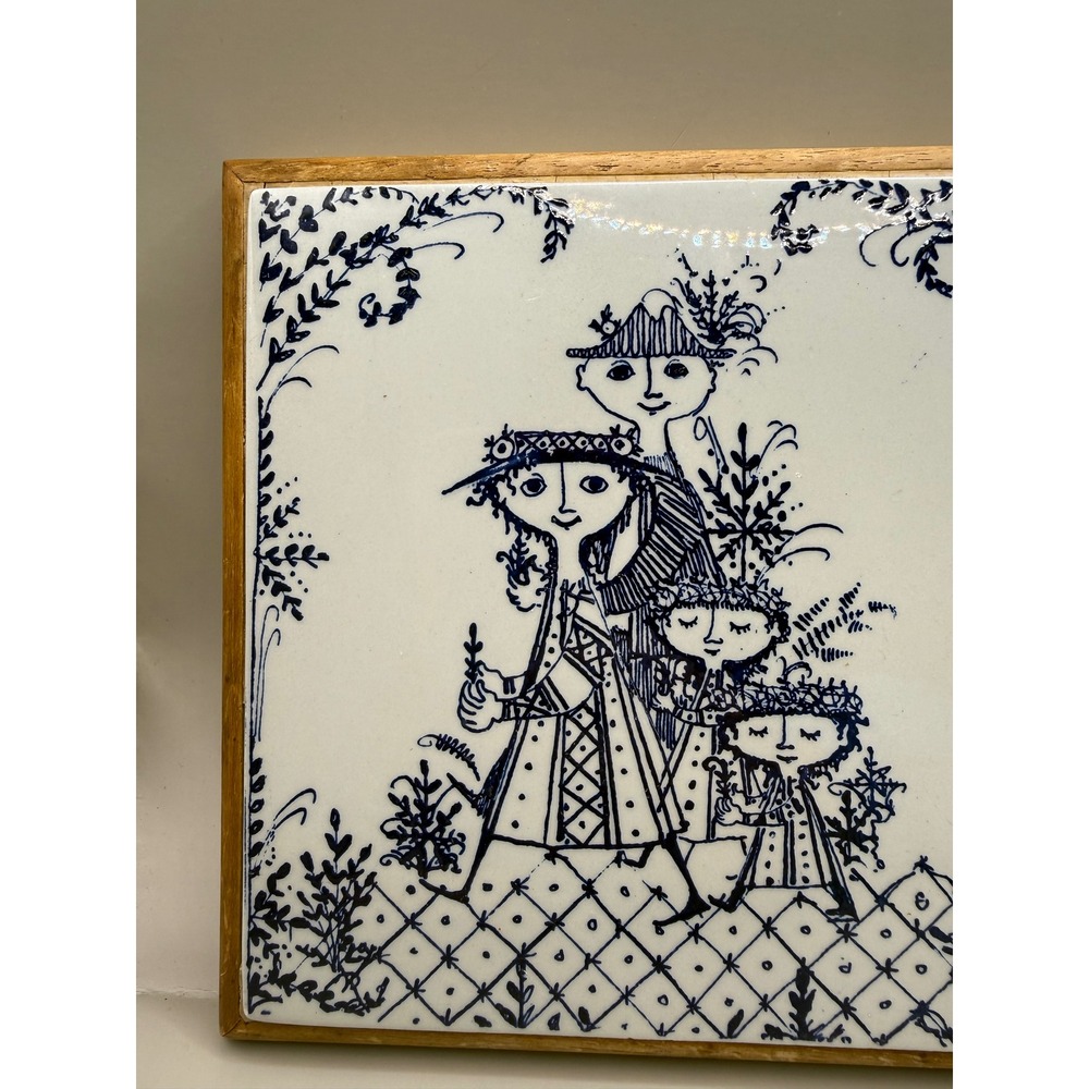 Vintage Bjorn Wiinblad Ceramic Trivet Blue White Danish Modern Wood Frame 6x6 - Picture 11 of 16